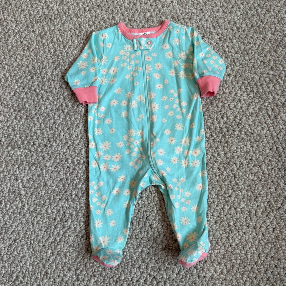 Gerber Baby Girls Teal Pink Daisy Floral  Zip Up Footed Pajamas Size 0-3 Months